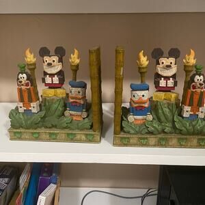 Disney Parks Tiki Bookend Set Mickey Mouse Donald Duck Goofy Polynesian